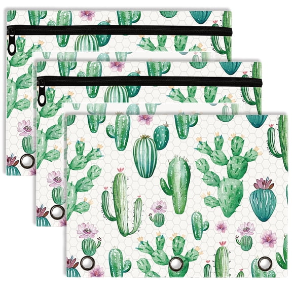 Polyester Loose Leaf Bags Zip Lock Binder File Pockets Rectangle Cactus 180x250mm Hole: 10mm 3pcs/set DIY