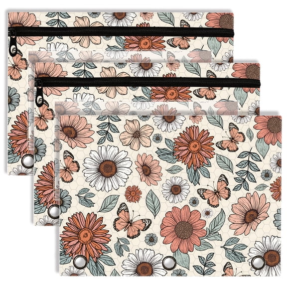 Polyester Loose Leaf Bags Zip Lock Binder File Pockets Rectangle Flower 180x250mm Hole: 10mm 3pcs/set DIY