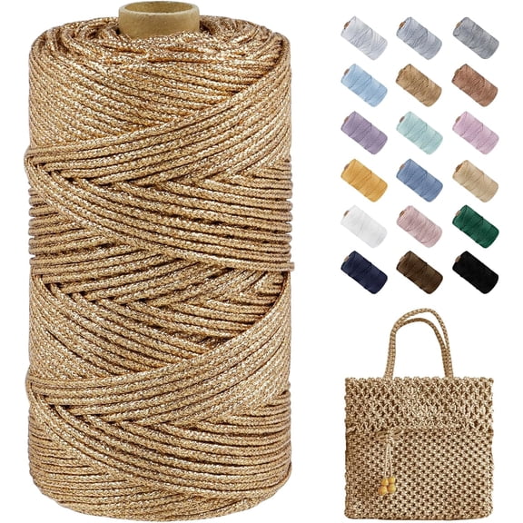 Polyester Macrame Cord 3mm x 109 Yards Sparkle Metallic Yarn for Crocheting, Glitter Crochet Bags, Basket, Wall Hangings, Plant Hangers, DIY Crafts (Golden) Golden