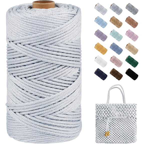 Polyester Macrame Cord 3mm x 109 Yards Sparkle Metallic Yarn for Crocheting, Glitter Crochet Bags, Basket, Wall Hangings, Plant Hangers, DIY Crafts (Gray + Silver) Gray Silver