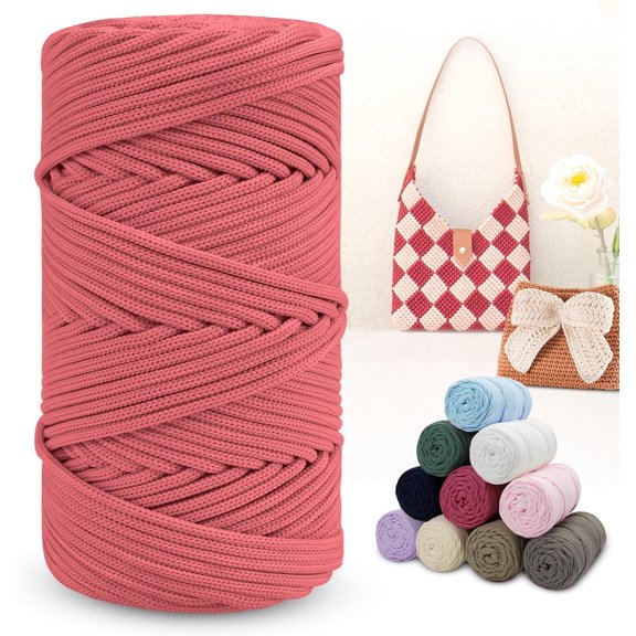 Polyester Macrame Cord 4mm x 164 Yards Braided Thick Rope Yarn Crochet Cord, for Crocheting, Bags, Wall Hangers, Rug, DIY Crafts (Flesh Red) Flesh Red 164yards