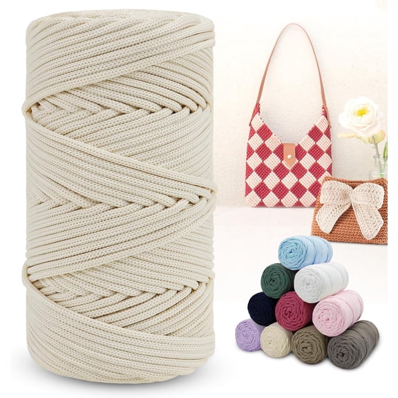 Polyester Macrame Cord 4mm x 164 Yards Braided Thick Rope Yarn Crochet Cord, for Crocheting, Bags, Wall Hangers, Rug, DIY Crafts (Off White) Off White 164yards
