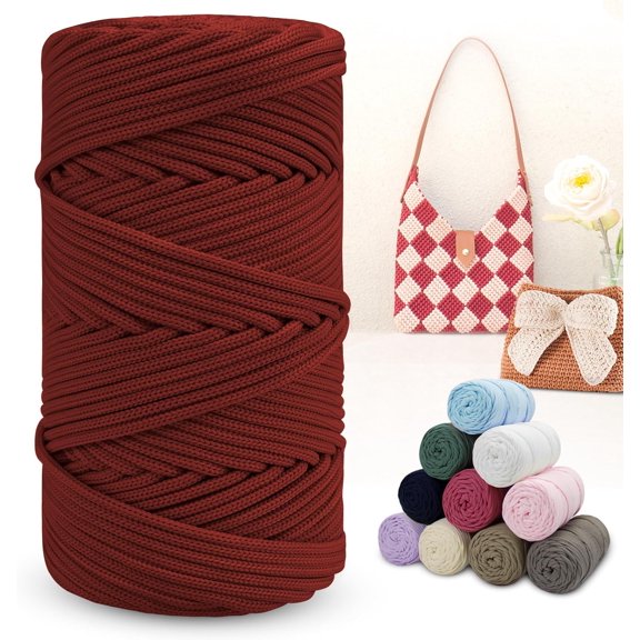 Polyester Macrame Cord 4mm x 164 Yards Braided Thick Rope Yarn Crochet Cord, for Crocheting, Bags, Wall Hangers, Rug, DIY Crafts (Red-Coffee) Red-coffee 164yards