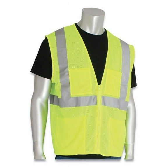 Polyester Mesh ANSI Class 2 Four Pocket Zipper Safety Vest, Hi-Viz Lime Yellow - 4XL
