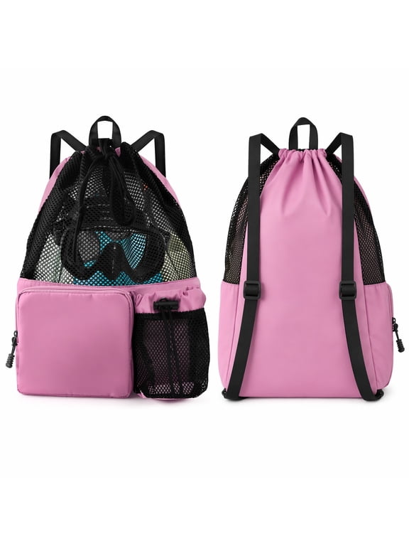 Polyester Mesh Drawstring Backpack with Internal Wet Pocket & Handle, Lightweight Swim Gym Beach Travel Storage Sack