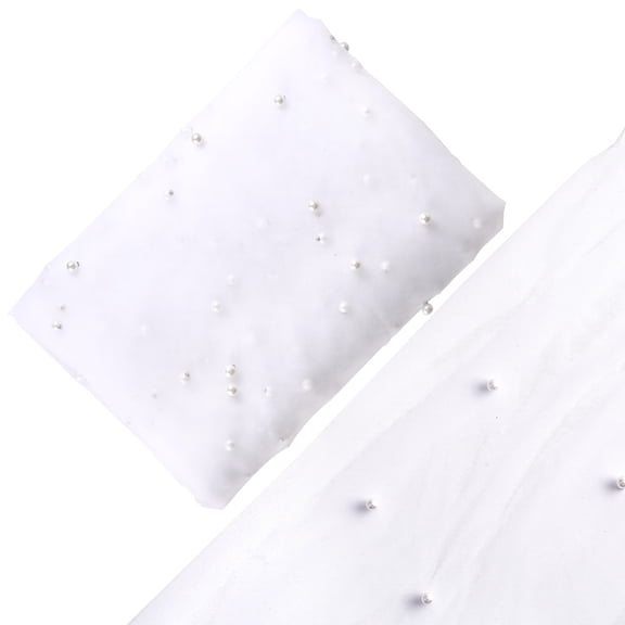 Polyester Mesh Fabric with Plastic Imitation Pearl Beads for Dress Costumes Decoration White 1600x0.1mm DIY