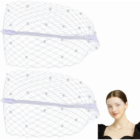 Polyester Mesh Veil Headband with Plastic Beads for Women White 540~570x7~130x0.2~1mm