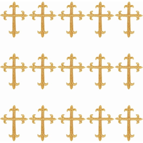 Polyester Metallic Thread Embroidery Applique Patch Sewing Craft Decoration Religion Cross golden 96x72x1mm