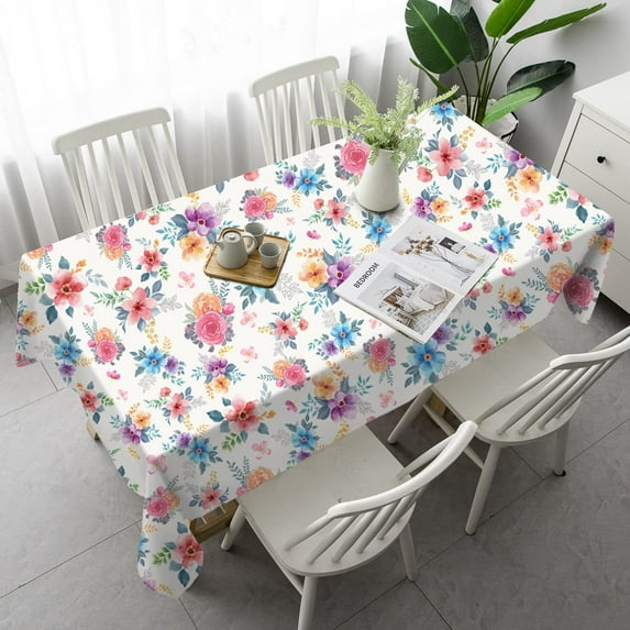 Polyester Oblong/Rectangle 60 x 120 Inch Washable Reusable Waterproof Table Cloth - Watercolor Floral Table Cover for Spring/Summer/Easter Decoration