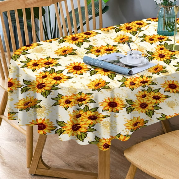 Polyester Oval 54 x 72 Inch Waterproof Resuable Washable Resistant Durable Table Cloth -Sunflower French Country Rustic Floral Table Cover for Spring/Summer/Fall Decoration Use
