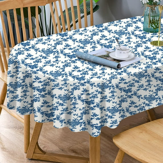 Polyester Oval 60 x 84 Inch Washable Reusable Waterproof Table Cloth - Pastoral Blue Floral Print Table Cover for Indoor and Outdoor Decoration