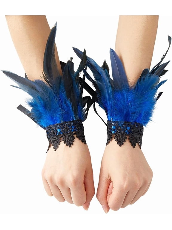 Polyester Oversleeves Layer Lace Wristband Feather Cuffs for Women Blue 243x170mm for DIY