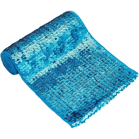 Polyester & PET Reversible Sequin Fabric for Dress Performance Stage Deep Sky Blue 21x0.35cm 1m/pc DIY