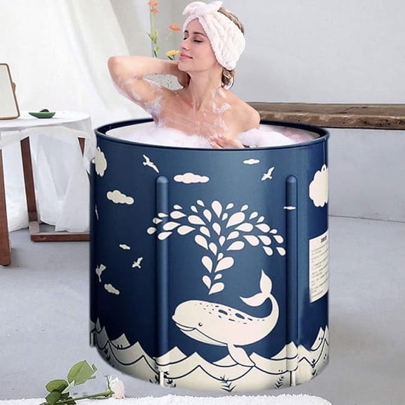 BEJOLO Foldable Bathtub for Adults - Portable Soaking Tub, Spa Bath for Shower Stall, Collapsible & Lightweight, Eco-Friendly Non-Slip Design - Blue Whale