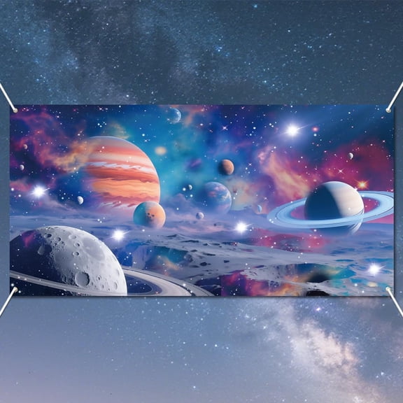 Polyester Photo Backdrop for Party Decoration with Plastic Non-Trace Wall Picture Hooks and Iron Curtain Clips Rectangle Planet 1800x900mm for DIY