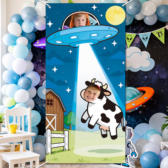 Polyester Photo Backdrop for Party Decoration with Plastic Non-Trace Wall Picture Hooks and Iron Curtain Clips Rectangle Spaceship