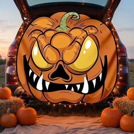 Polyester Punpkin Halloween Trunk or Treat Banner, Spooky Holiday Hanging Decor for Party Backdrop Haunted House Car, 51*47 Inch
