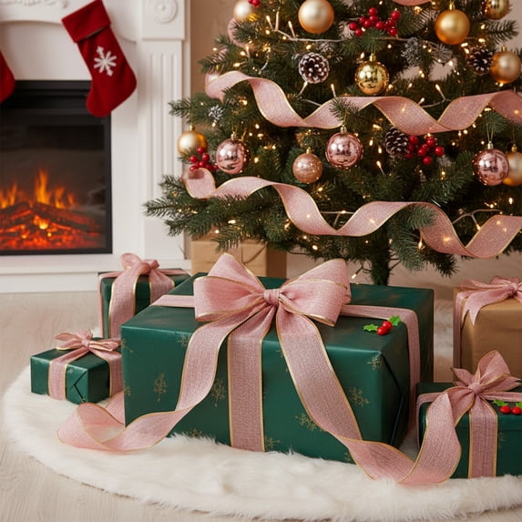 Pink Edged Christmas Ribbon Bow 200cm Decorative Gift Wrapping Ribbon for Tree Decor,Floral Bouquet,Gift Box Packaging Craft Holiday ornament Bow(1Pc),by JASKFLY