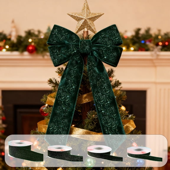 Polyester Ribbon 5 Yards Green Velvet Ribbon with Glitter for Christmas Holiday DIY Bows Gift Wrapping and Party Table Decorations(1PCS) JASKFLY