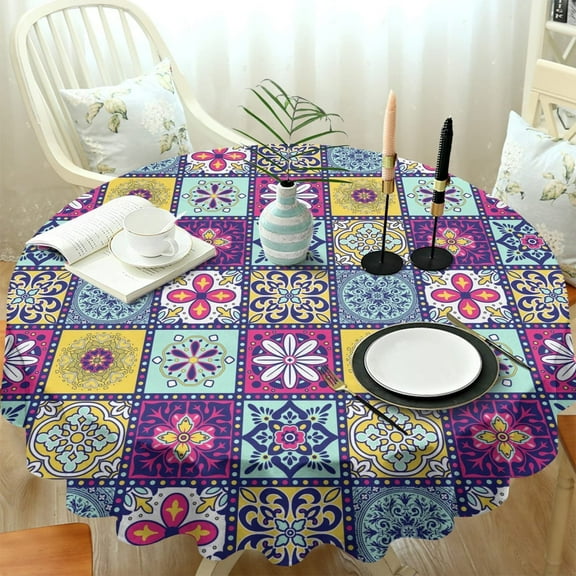 Polyester Round 60 x 60 Inch Washable Reusable Waterproof Table Cloth - Medallion Geometric Plaid Boho Morocco Tile Print Table Cover for Spring/Summer Decoration