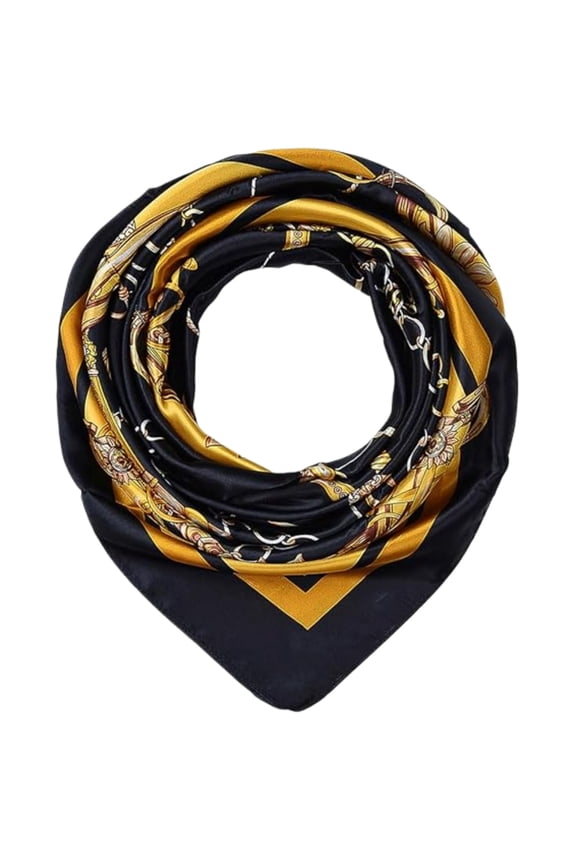 Polyester Satin Multi-Functional Square Scarf Bandana Chain Pattern Black Gold