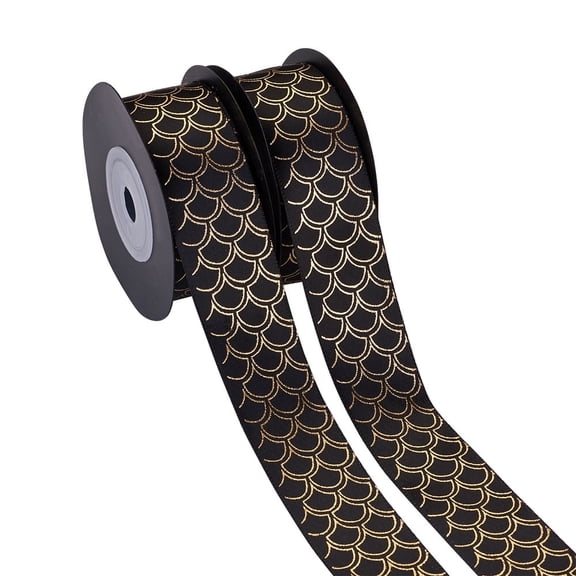 Polyester Satin Ribbon with Single Face Golden Hot Stamping Mermaid Fish Scale Pattern Black 1"(25mm) 10yards/roll(9.14m/roll)