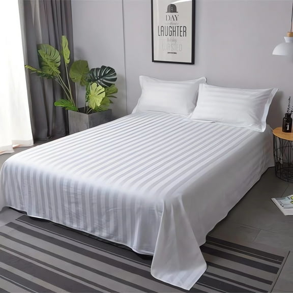 Polyester Satin Strip Flat Sheet for Guest Rooms Hotels Dorms Single Full Queen King Size White Bedding 1 Piece