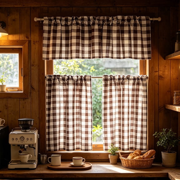 Polyester Semi-Sheer Kitchen Curtain Valance 3 Piece Set, Window Tier Curtains for Basement & Coffee Area, Light Filtering Thermal Insulating Drapes, 53.94x17.72 Inch