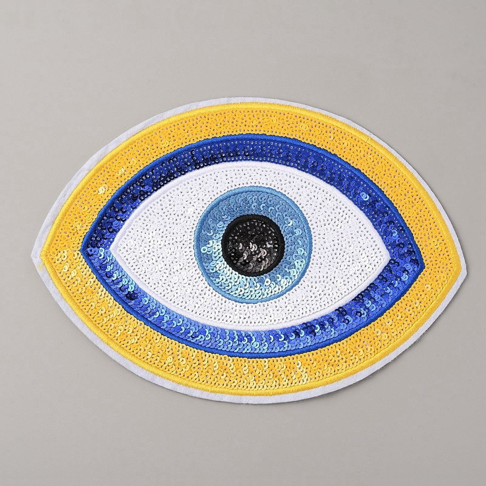 Polyester Sequin Evil Eye Appliques Iron on/Sew on Clothing Patches Gold 136x193x1.5mm