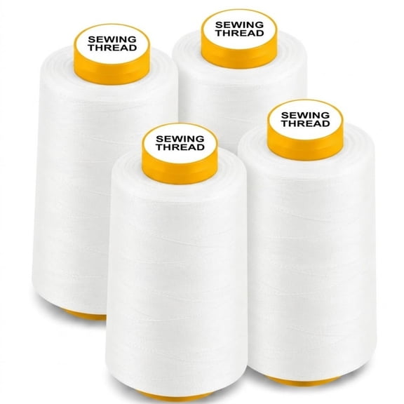Polyester Sewing Thread Cones, 4-Pack 6000 Yards Each High Tensile Thread Spools for Serger Machines, Overlock, Quilting, Merrow, Hand Embroidery, Home & Commercial Use, White