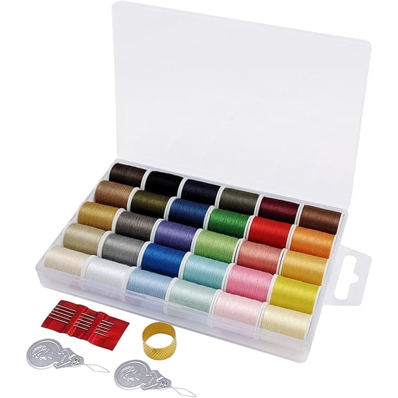 Polyester Sewing Thread Set - 30 Assorted Colors, 50 Yards per Mini Thread Spool, Sewing Kit Includes 5 Large Eye Hand Needles, 2 Needle Threader, 1 Thimble, Suitable for Hand and Machine Sewing