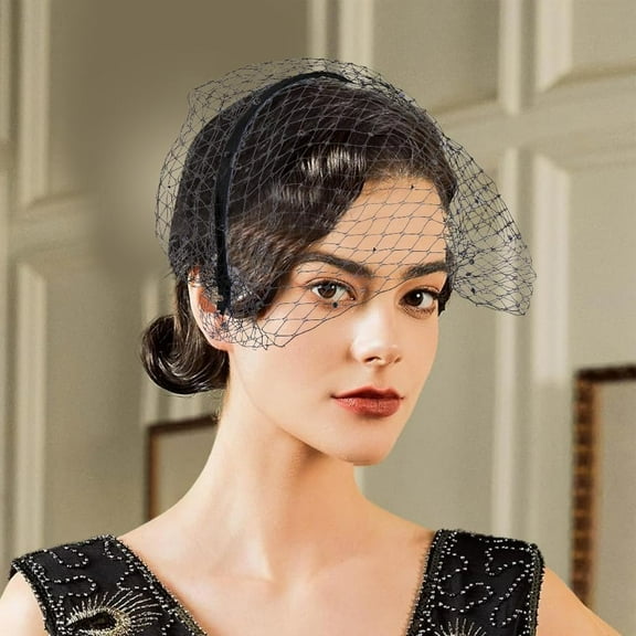 Polyester Short Mesh Bridal Head Covering Veils Hair Band Acrylic Fashion Headband Hair Accessories with Diamond Pearls for Bride Women Wedding Black 270x210x7mm 1pc