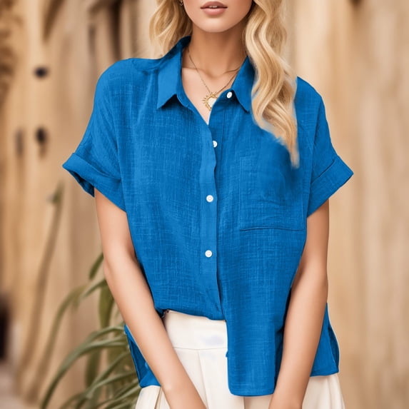 Polyester Short Sleeve Loose Fit Dress Shirts for Women Blue Workwear Solid Color Lapel Work Summer New Ladies Blouses Cotton And Rolled Button Shirt Tee L
