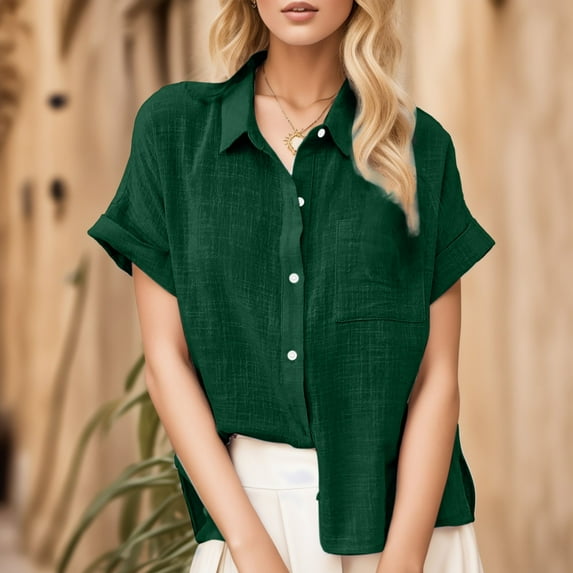 Polyester Short Sleeve Loose Fit Dress Shirts for Women Green Workwear Solid Color Lapel Work Summer New Ladies Blouses Cotton And Rolled Button Shirt Tee S