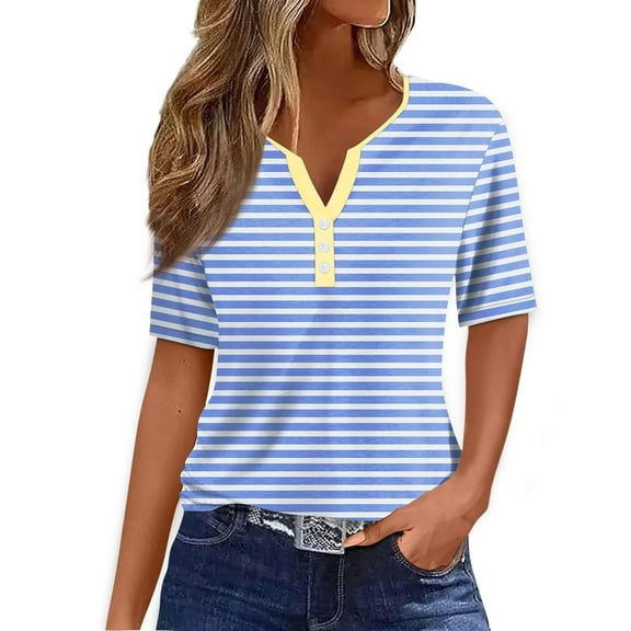 Polyester Short Sleeve Striped T Shirts for Women Summer 2024, Buttons Henley V-Neck Casual Fashion Tee Tshirts (3XL, Blue)