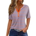 thumbnail image 1 of Polyester Short Sleeve Striped T Shirts for Women Summer 2025, Buttons Henley V-Neck Casual Fashion Tee Tshirts (XL, Pink 01), 1 of 5