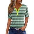 thumbnail image 1 of Polyester Short Sleeve Striped T Shirts for Women Summer 2025, Buttons Henley V-Neck Casual Fashion Tee Tshirts (XXL, Green), 1 of 5