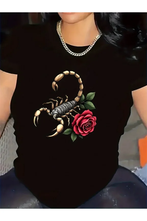 Polyester Short Sleeve T-Shirt With Scorpion Rose Design For Restaurant Wear, Color, Durable And Lightweight Fabric, Perfect For Casual Dining And Everyday Use, Comfortable Fit And