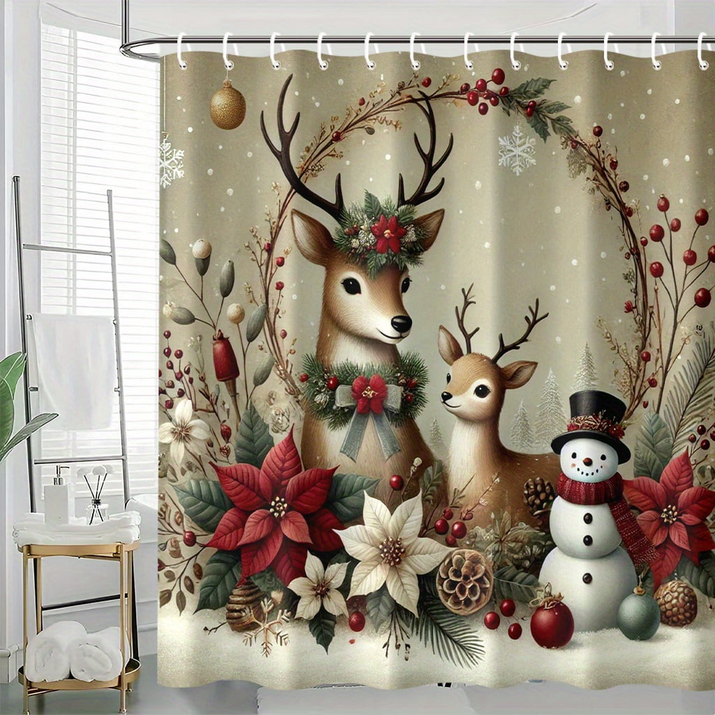 Polyester Shower Curtain, Christmas Reindeer, Snowmen, And Winter Plants, Includes 12 Hooks, Machine Washable for Home And Hotel Use, Measuring 72x72 inch