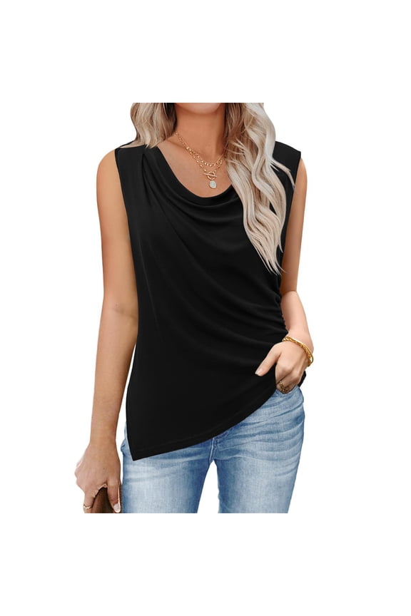 Polyester Sleeveless Tank Tops for Women Summer Cowl Neck Fashion Side Split Ruched Tanks Blouses Comfy Shirt (Large, Black)