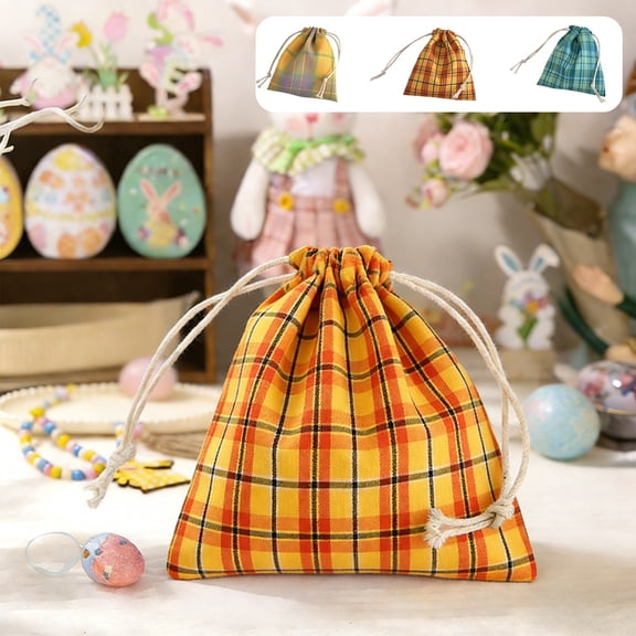 Polyester Small Item Storage Bag Dustproof Drawstring Pouch 5.5x6.3in | Multi-Pattern Easter Candy Gift Holder | Lightweight, Portable, Durable, Yellow/Blue/Orange