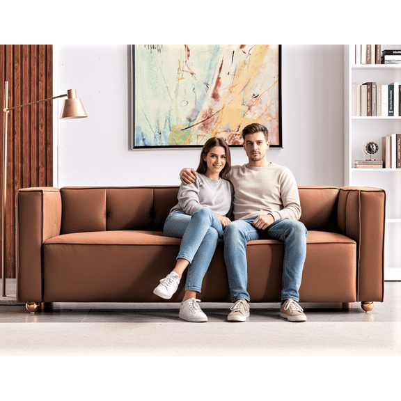 Polyester Sofa with Tufted Low Back Design, Elegant 3 Seater Couch for Coastal and Modern Farmhouse Living Rooms, 87 Inch Wide, Easy Assembly