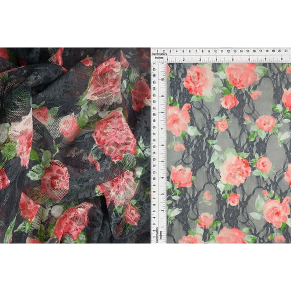 Polyester Spandex Lace Floral Digital Print Charcoal 3 Yards Precut