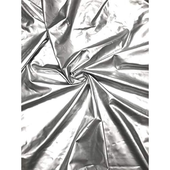 Polyester Spandex Shiny Silver Faux Vinyl 2 Ways Stretch Fabric (Silver)