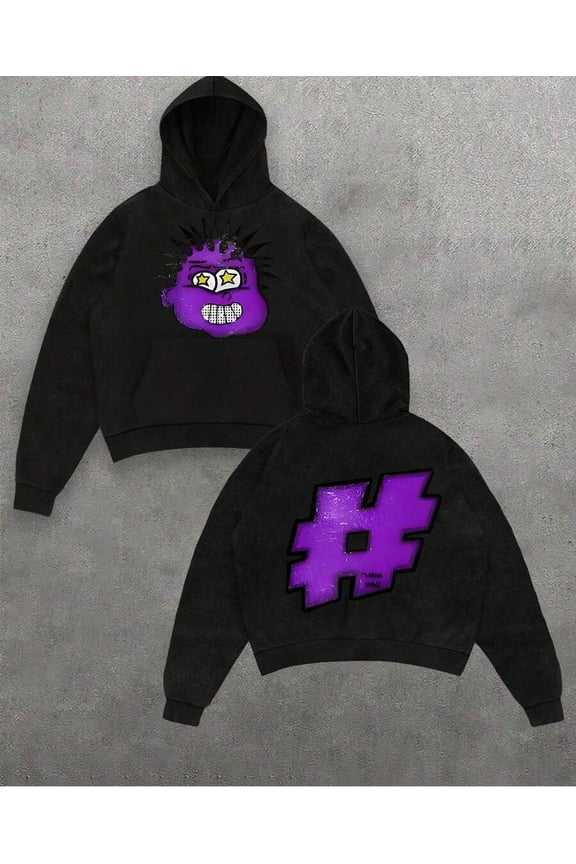 Polyester Sweater Printed Hoodie Men, Y2K Cartoon Character In Camo Hat Double-Sided Pattern Printing, Single-Layer Fleece, Casual And Comfortable Velvet Street Wind Long-Sleeved Hooded