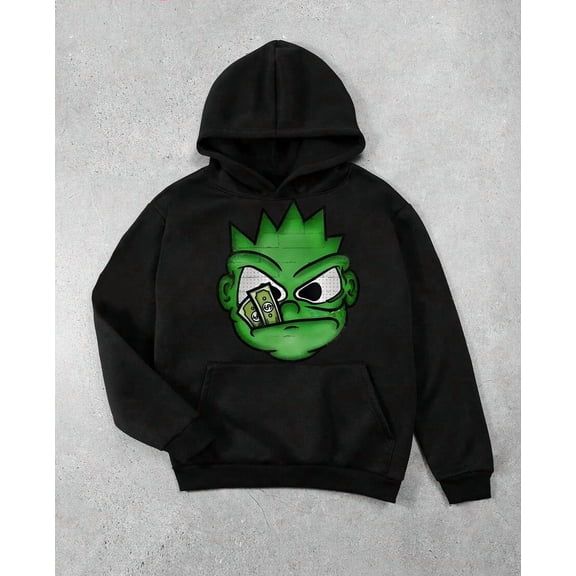 Polyester Sweater Printed Hoodie Men, Y2K With Green Cartoon Face And Money Double-Sided Pattern Printing, Single-Layer Fleece, Casual And Comfortable Velvet Street Wind Long-Sleeved Hood