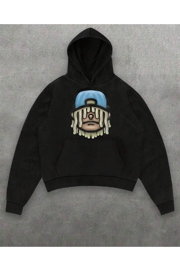 Polyester Sweater Printed Hoodie Men, Y2K "Seutcler" Cartoon Character Double-Sided Pattern Printing, Single-Layer Fleece, Casual And Comfortable Velvet Street Wind Long-Sleeved Hooded