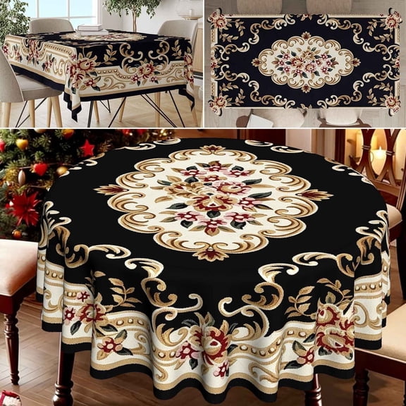 Polyester Tablecloth Black Base Scroll Pattern Vintage Classic Square/Round 1 Piece for Dining Room Kitchen Decoration Flower Printed diameter 35in(90cm)