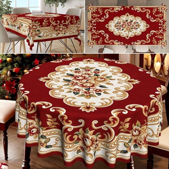 Polyester Tablecloth Burgundy Red Carved Pattern Vintage Classic Square/Round 1 Piece for Dining Room Kitchen Decoration Flower Printed diameter 60in(152cm)
