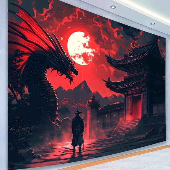 A Polyester Tapestry Featuring a Japanese Samurai And Dragon - a Colorful And Stylish Piece of Wall Art Suitable for Your Living Room, Bedroom, Office, Or Party Decoration.